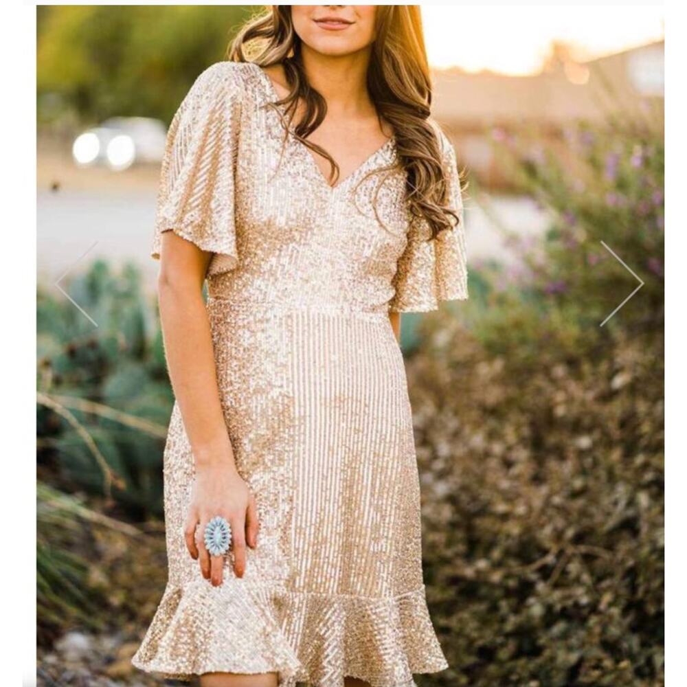 Southern Fried Chics Sequin Dress L Gold Ruffle Cocktail Glam